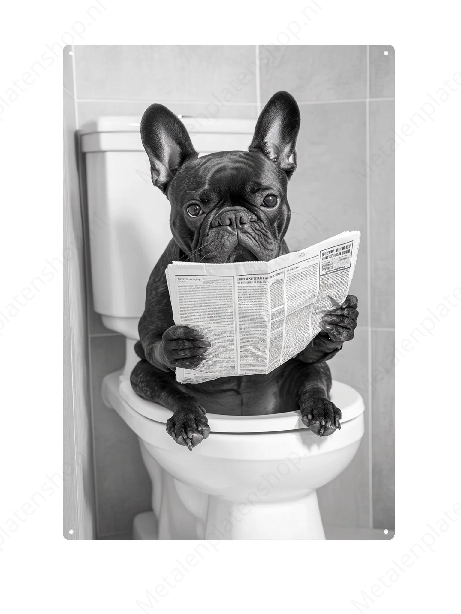 Franse bulldog op de WC met een krant