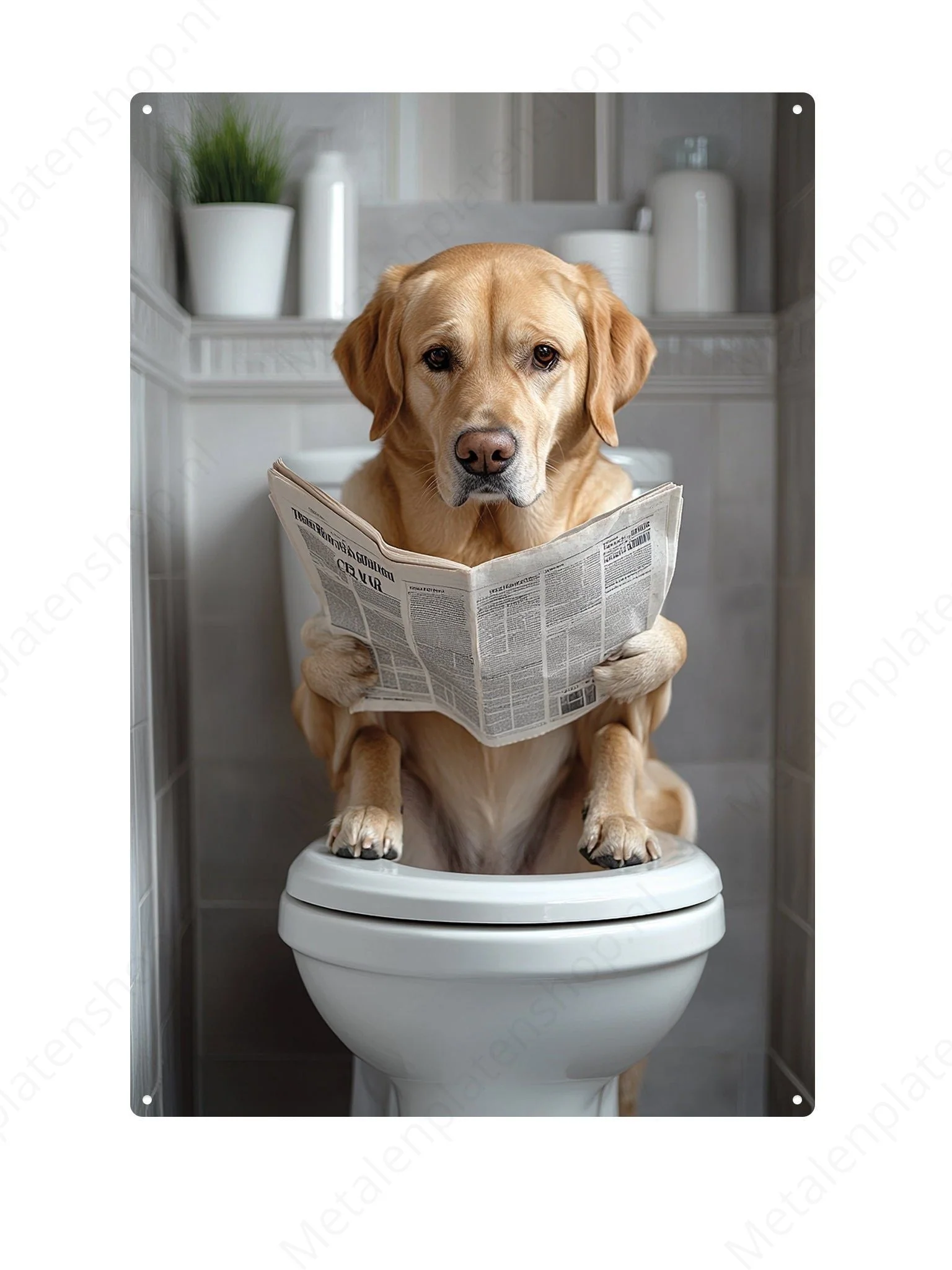 Golden Retriever op de WC met een krant