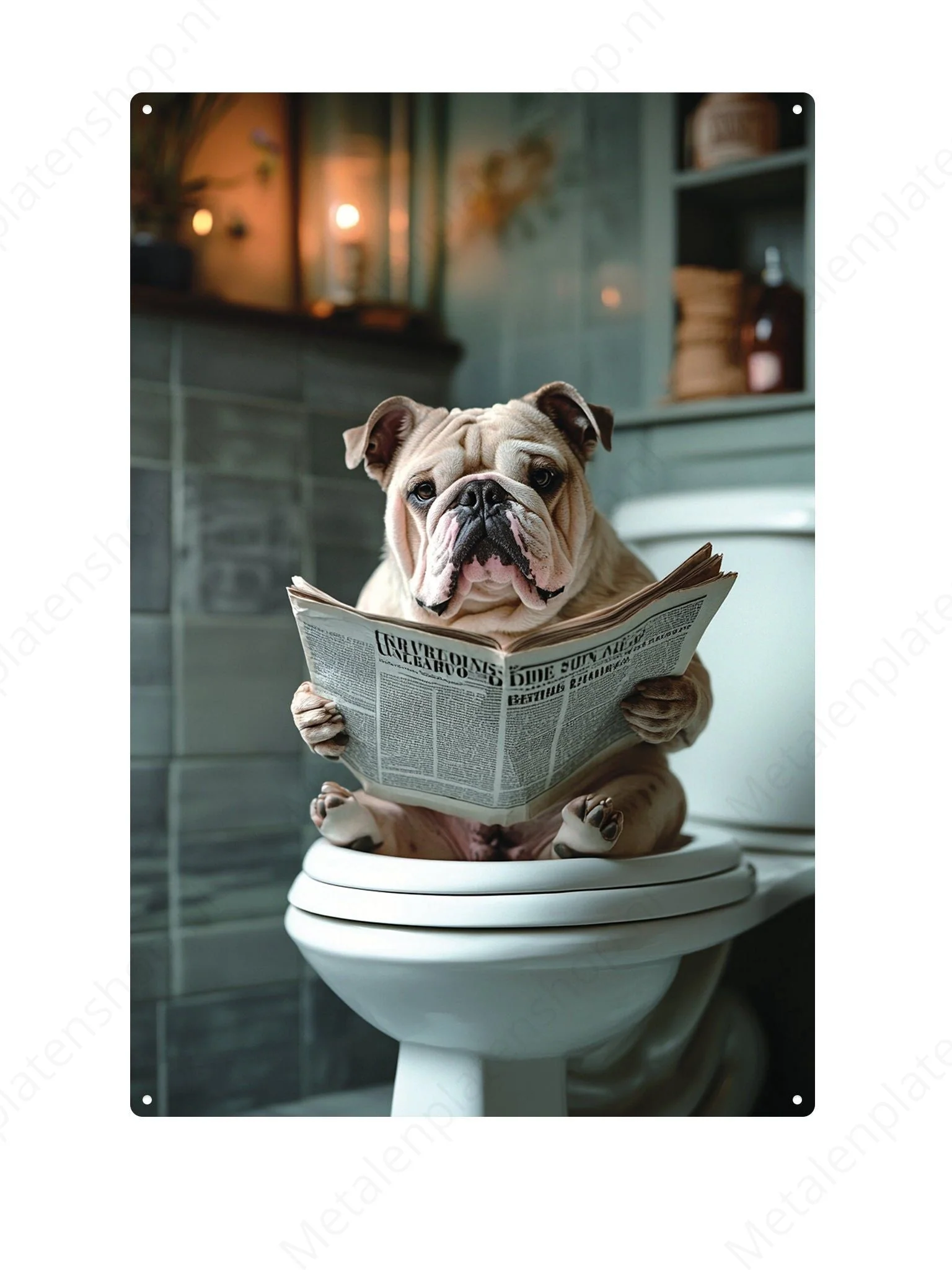 Engelse bulldog op de WC met een krant